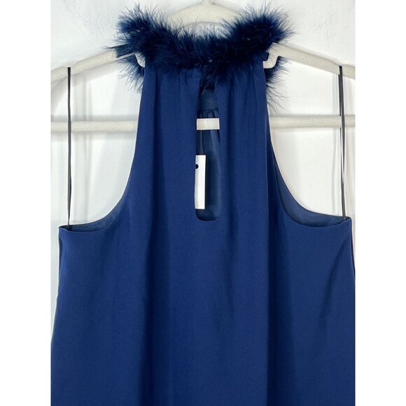 Trina Turk Ink Blue Feather Trim Halter Top Size Small Elegant Party Blouse - Picture 6 of 12